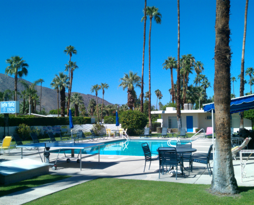 The pool at Iron Tree Inn surrounded by lounge chairs and palm trees