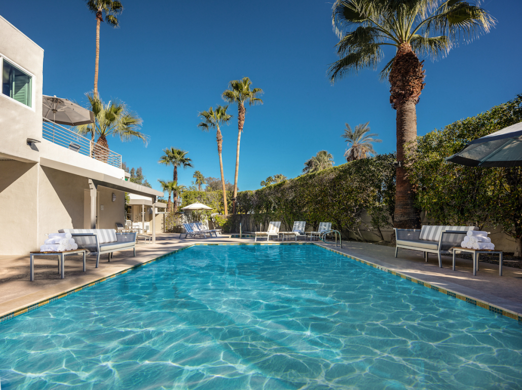 The large pool at Movie Colony Hotel next to the Art Deco-style main building