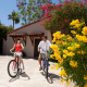 A man and a woman ride bikes in Palm Springs