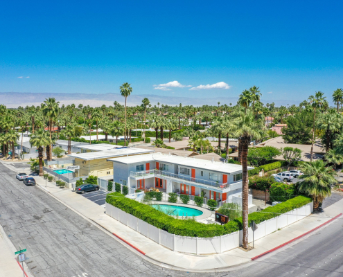 An aerial view of corner lot Three Ten Hotel in Palm Springs, California