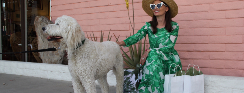 A woman wearing a green dress sits outside of a pink building in Palm Springs with a white dog