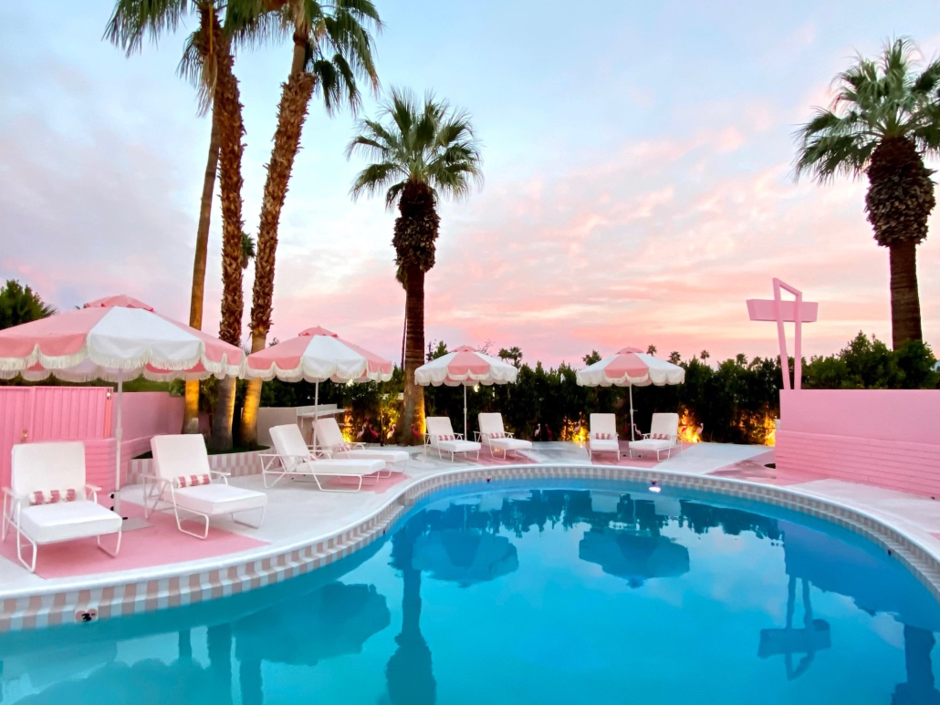 Cotton candy skies above the sparkling pool at the Trixie Motel in Palm Springs, California