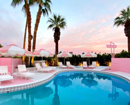 Cotton candy skies above the sparkling pool at the Trixie Motel in Palm Springs, California