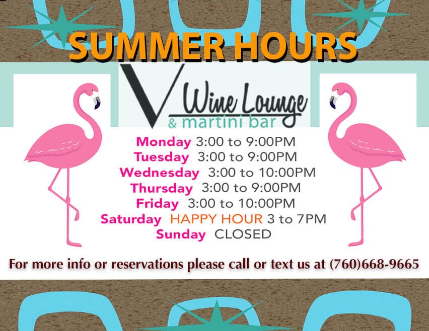 A document with flamingos on it and the summer hours of V Wine Lounge