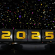 Gold 2025 numbers in front of a colorful confetti background