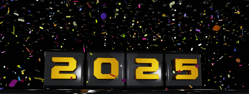 Gold 2025 numbers in front of a colorful confetti background