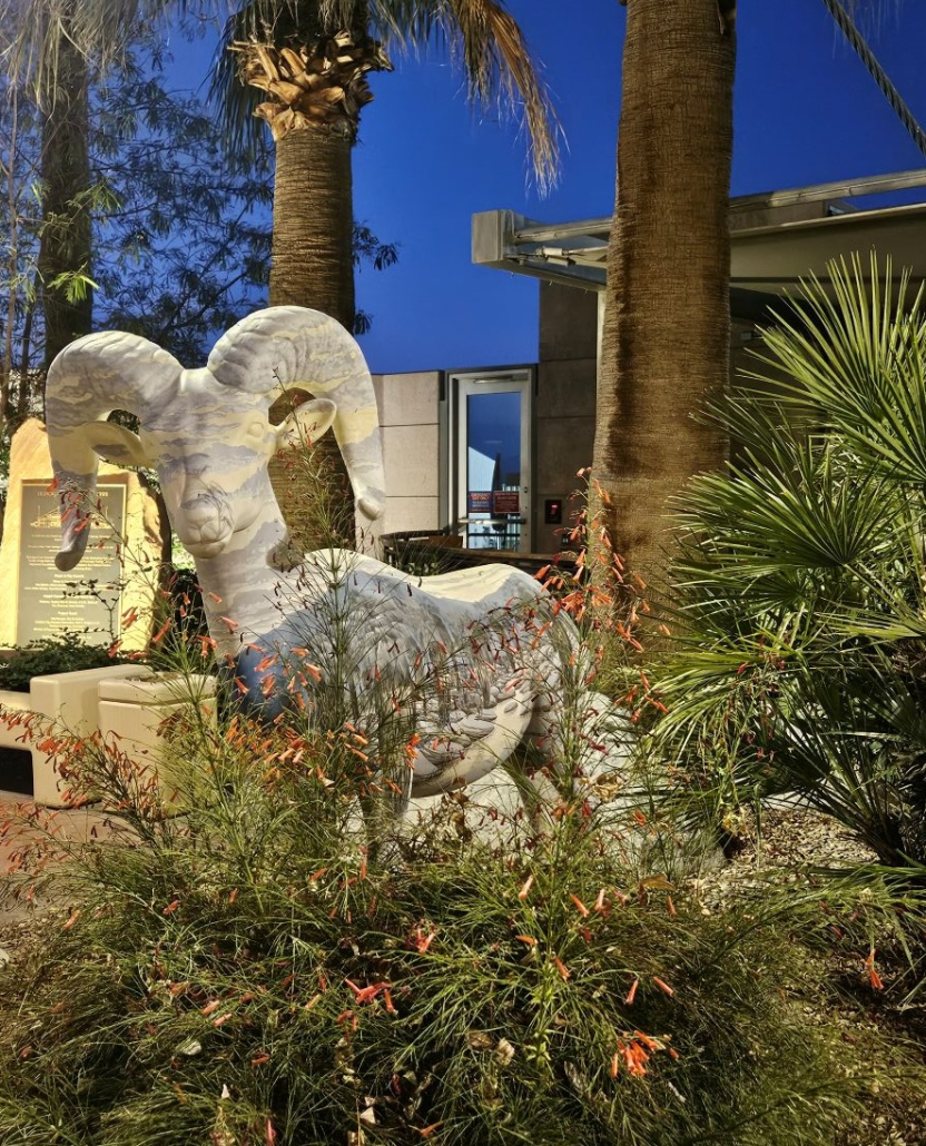 A bighorn sheep statue in the courtyard at the Palm Springs International Airport