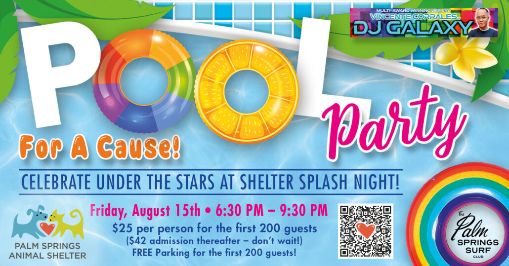 A flyer for the Pool Party for a Cause benefiting animals in Palm Springs