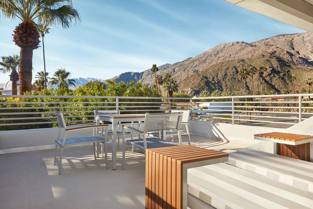 The view of the San Jacinto Mountains and palm trees from the rooftop deck at the Movie Colony Hotel in Palm Springs, California