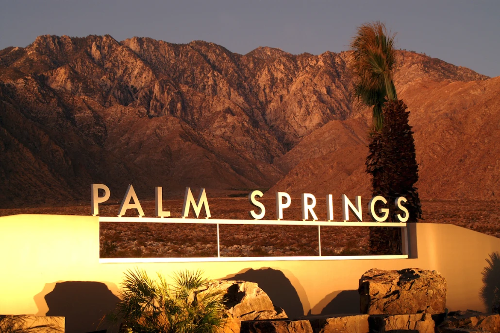 The Palm Springs sign at sunset