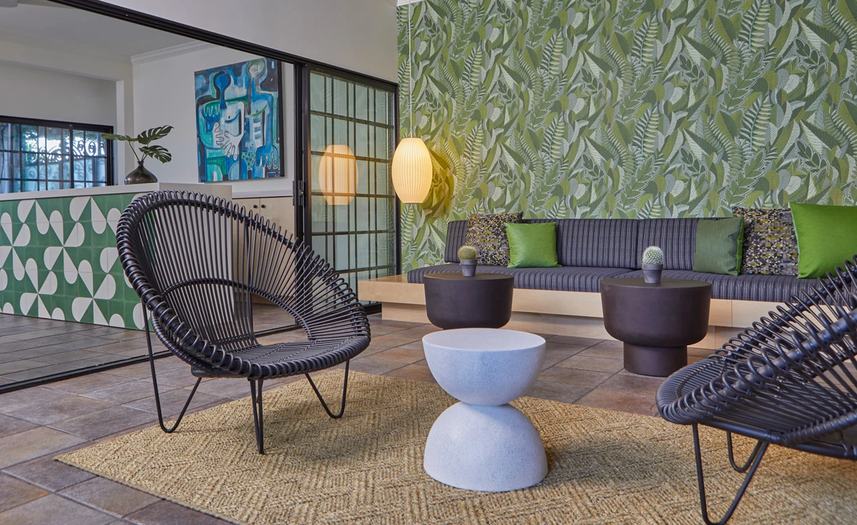 Green leaves make up an unusual pattern in the comfortable lounge and lobby at Descanso Resort in Palm Springs