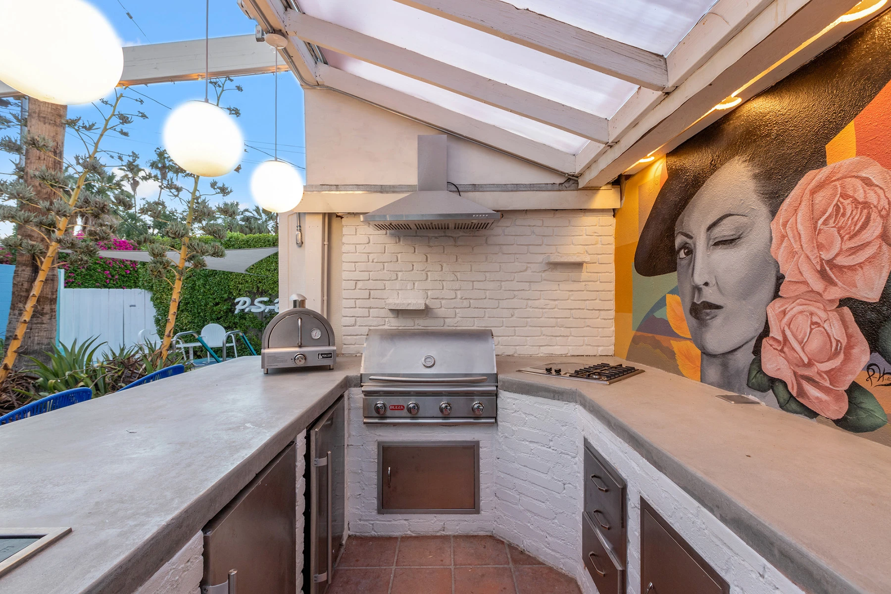 The outdoor kitchen with barbecue at the Spirit of Sofia boutique hotel in Palm Springs, California