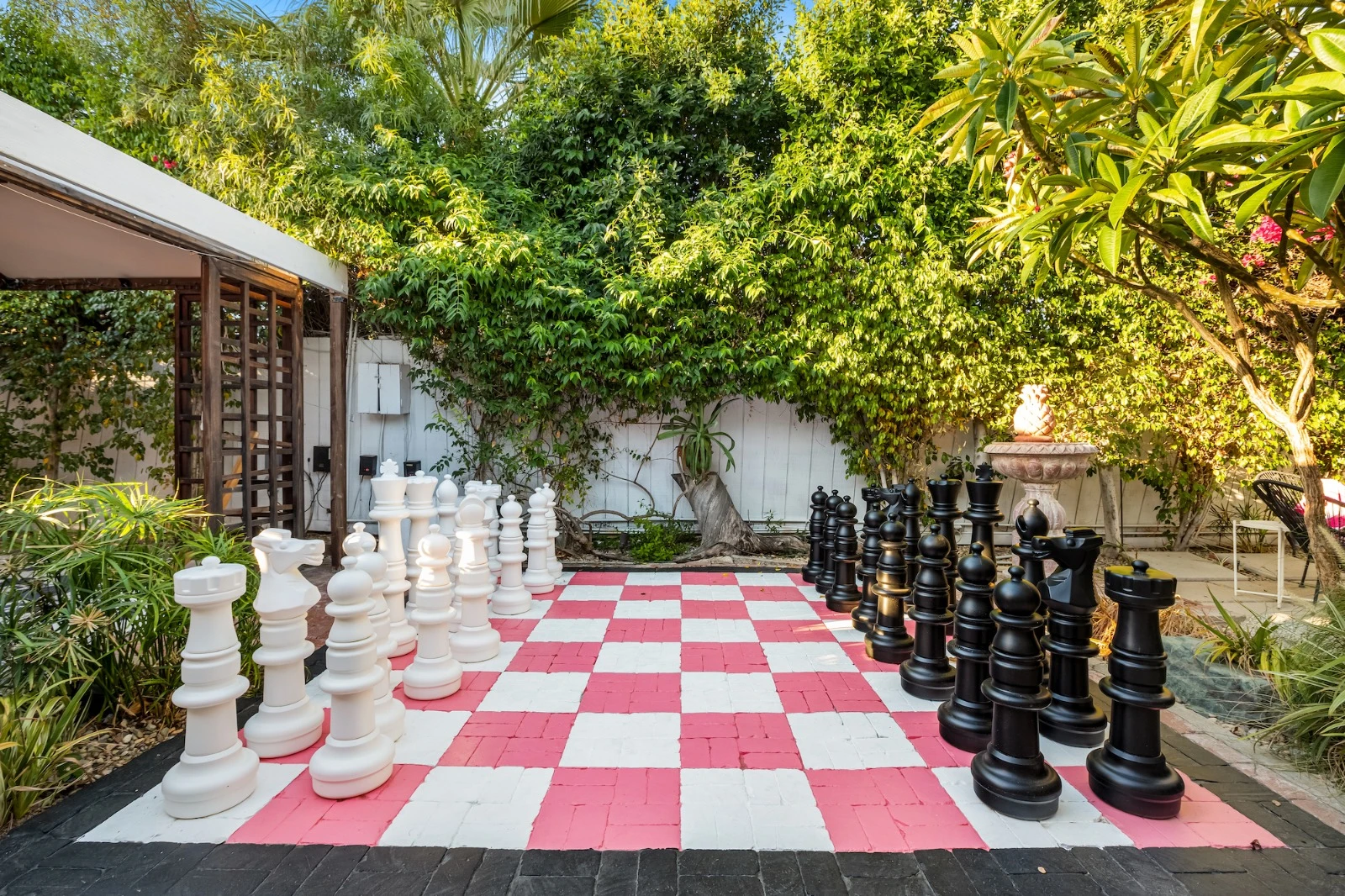 The giant outdoor pink and white chessboard at the Spirit of Sofia boutique hotel in Palm Springs, California