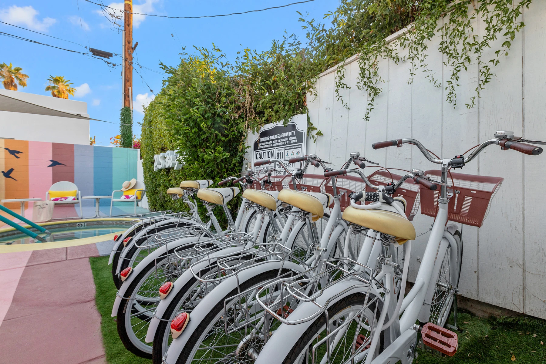 A rack full of bikes guests can use at the Spirit of Sofia hotel in Palm Springs, California