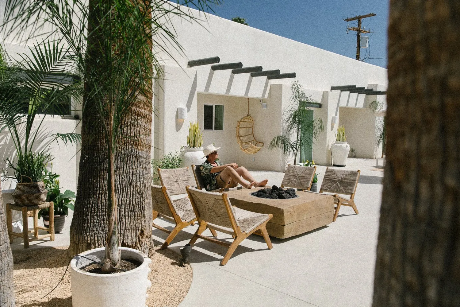 Outdoor furniture set up for guests to use at the Yara Hotel in Palm Springs, California