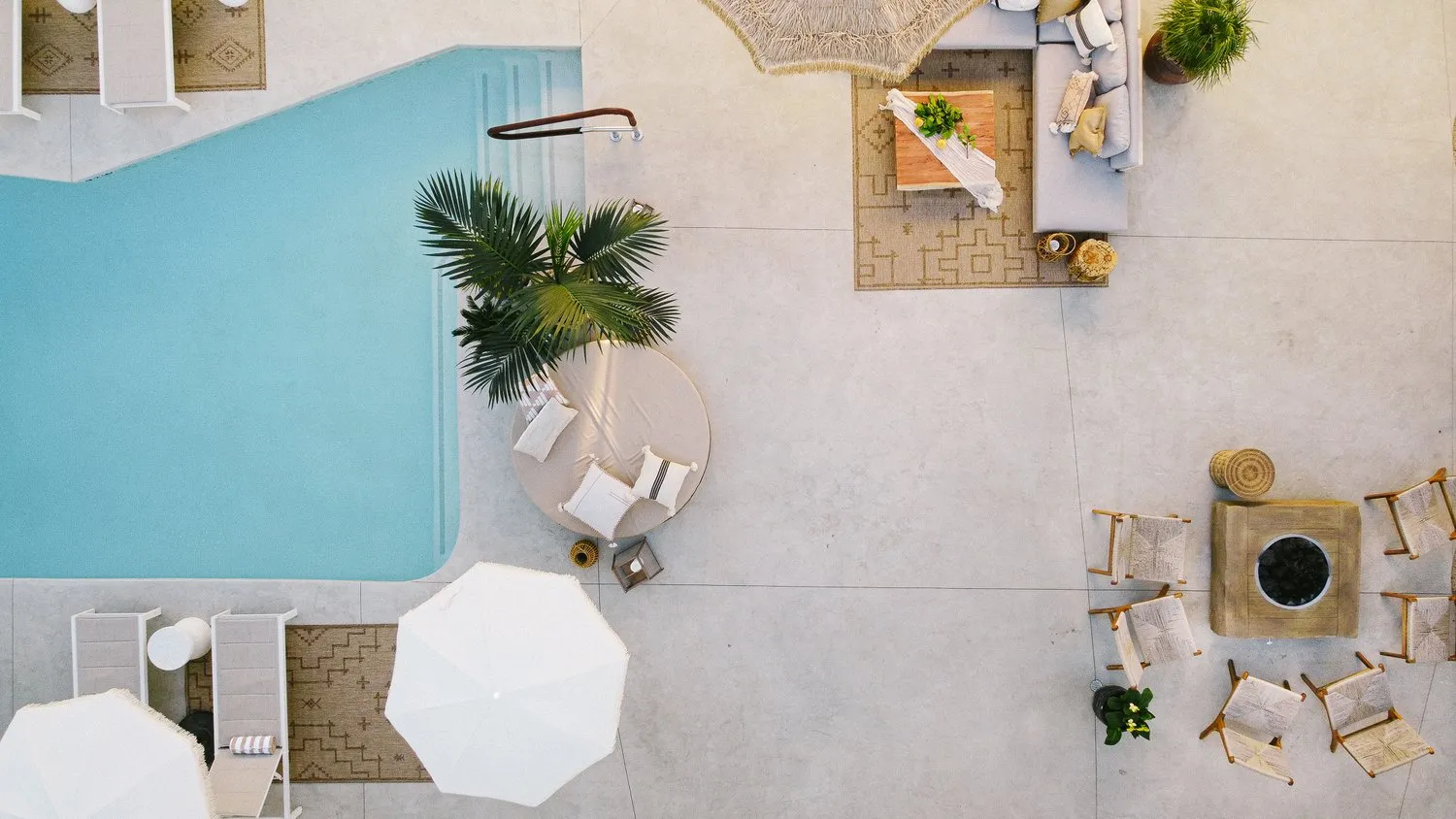 An aerial view showing the pool and courtyard of the Yara Hotel in Palm Springs, California