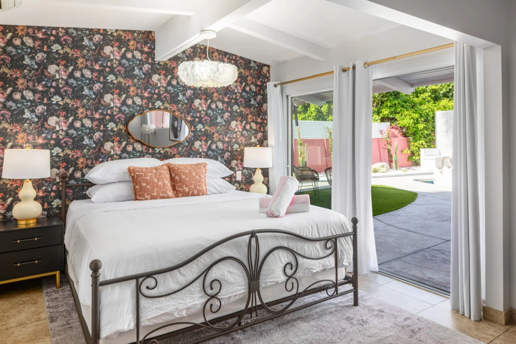Floral wallpaper in a bedroom at The Muse Hotel Palm Springs