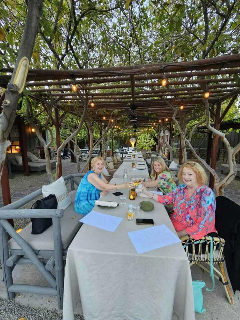 Three blonde women hold up their glasses to cheers at The Barn Kitchen's outdoor table