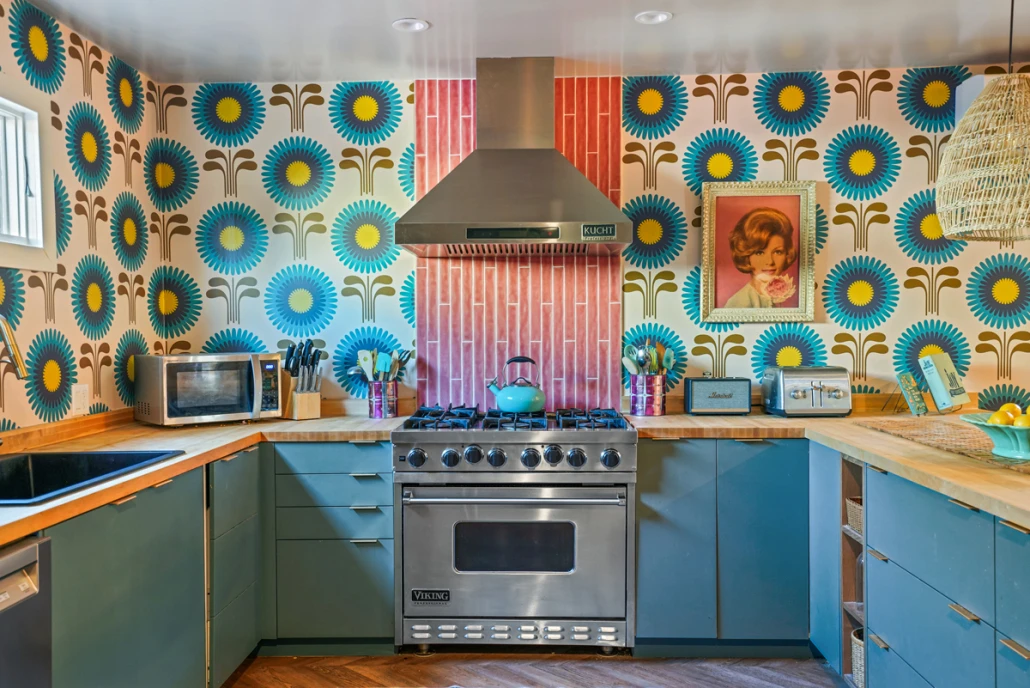 Funky wallpaper and colorful kitchen appliances at The Stardust Palm Springs
