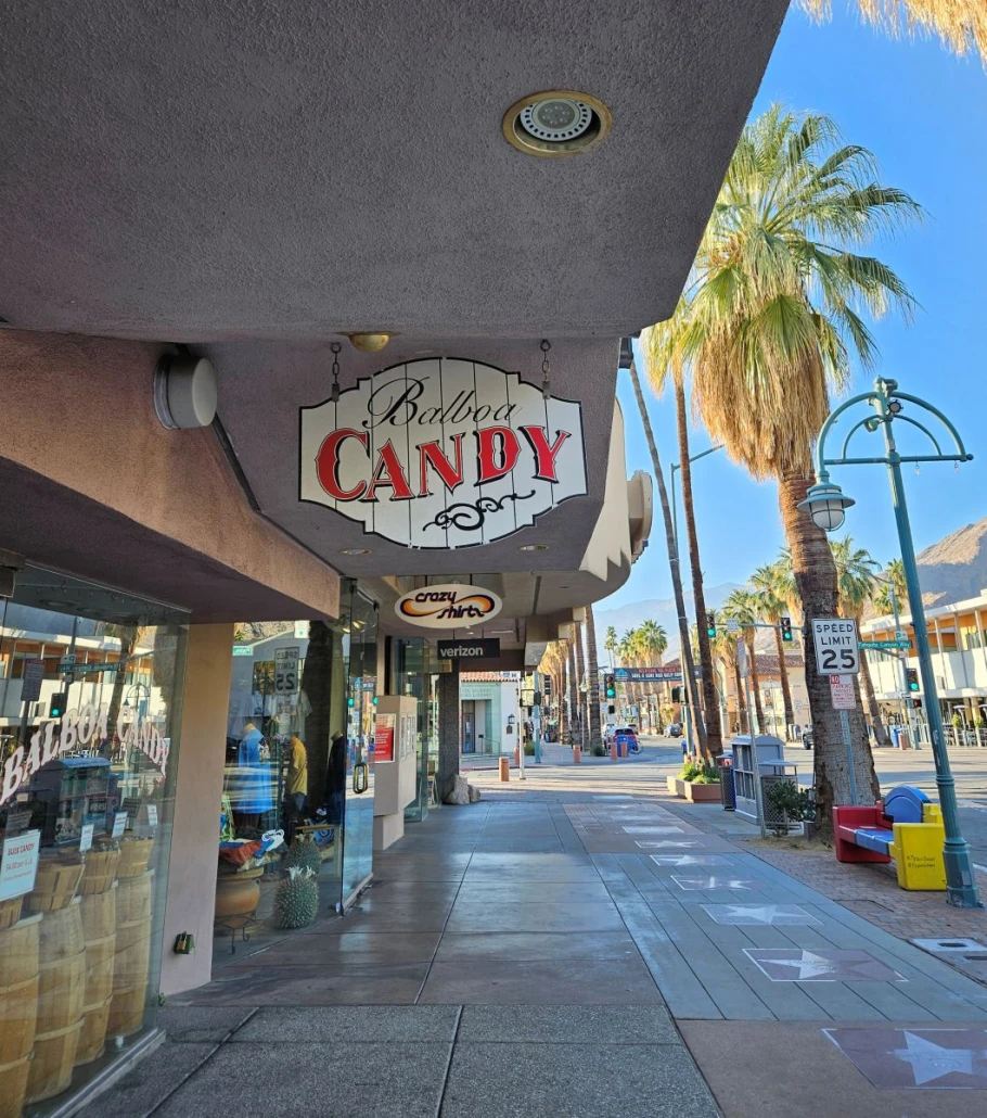 The exterior sign reading Balboa Candy outside of the store in Palm Springs