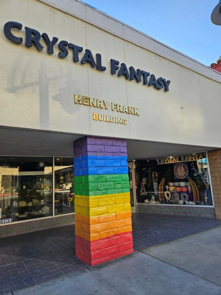 The rainbow painted exterior of Crystal Fantasy in Palm Springs