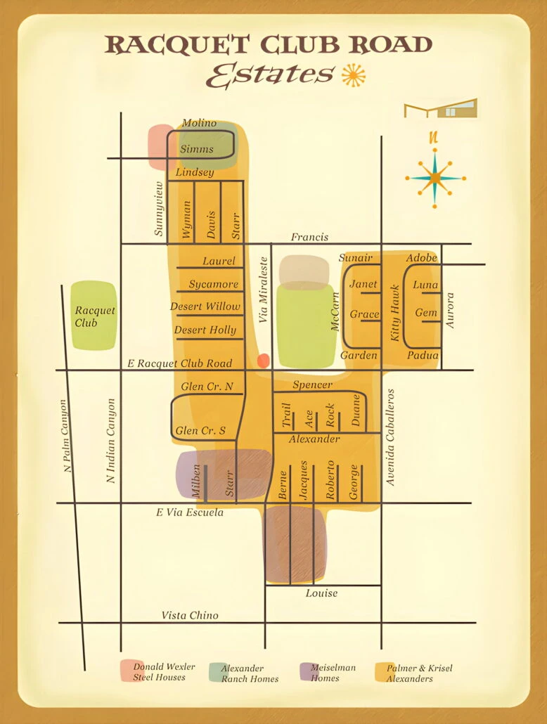 A map showing historic homes in Palm Springs' Racquet Club Estates neighborhood