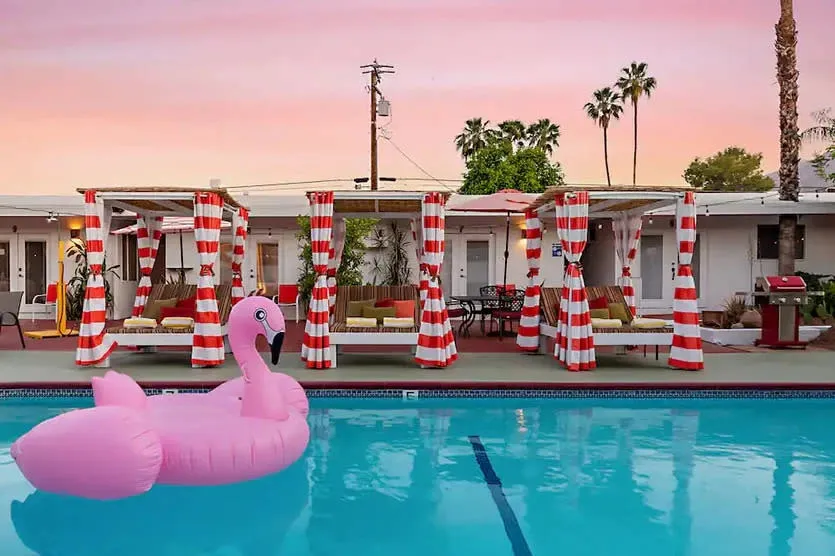 Flamingo pool floats in the pool at Float Hotel Palm Springs