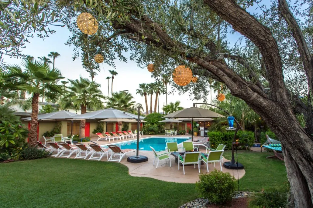 Desert Riviera at twilight with twinkling lights in the trees